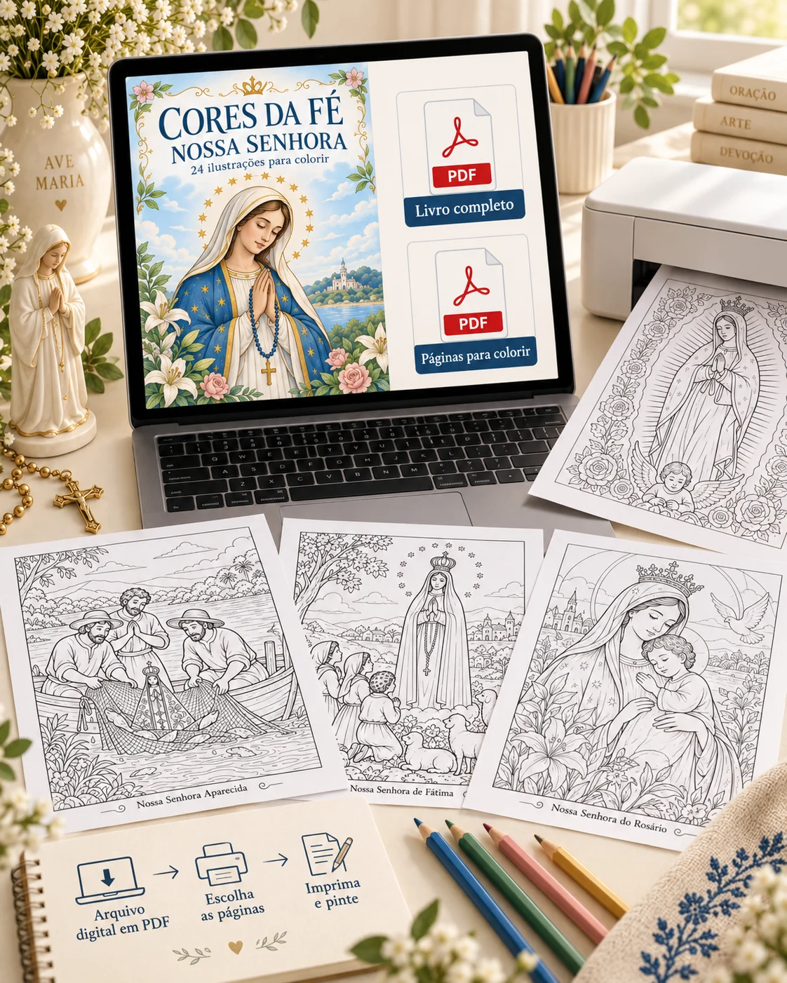 Dois arquivos digitais do Cores da Fé: Livro completo e Páginas para colorir, com exemplos impressos.