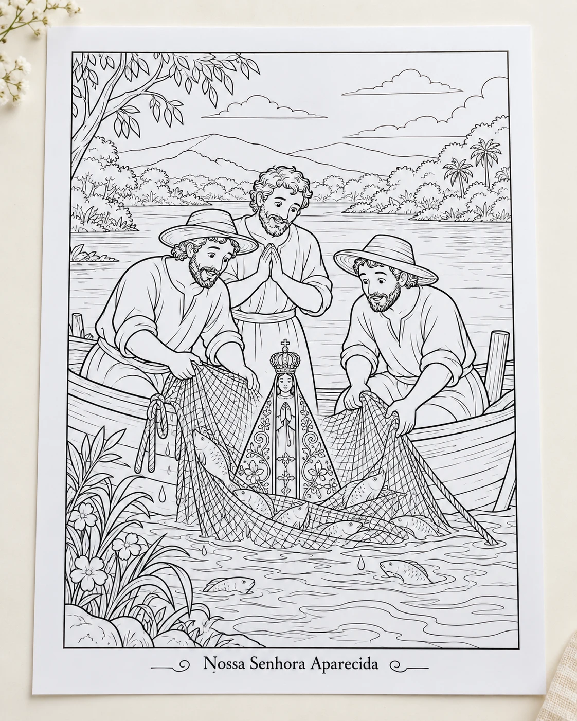 Página para colorir de Nossa Senhora Aparecida com os pescadores no Rio Paraíba.