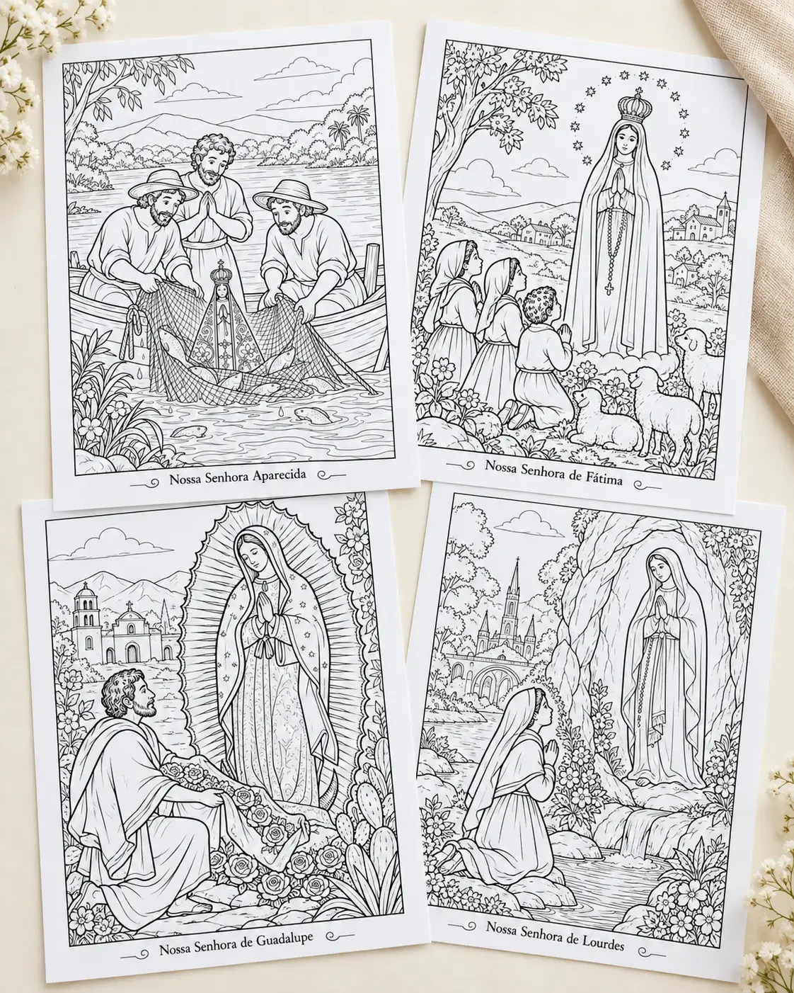 Quatro páginas do Cores da Fé com Nossa Senhora Aparecida, Fátima, Guadalupe e Lourdes.